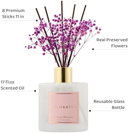 COCORRÍNA Reed Diffuser - Cherry Blossom 17 Fl.oz Reed Diffuser with 8 Sticks Scented Diffuser with Preserved Flowers for Bathroom Home Decor