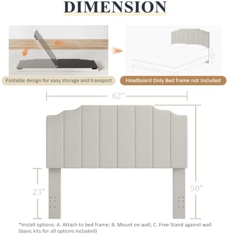 Befurtori Queen Size Headboard Only, Linen Wall Mount Headboard Light Gray