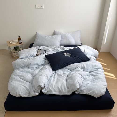 Vintage Blue Striped Duvrt Cover Full Size 3 Pieces Textured Bedding Set