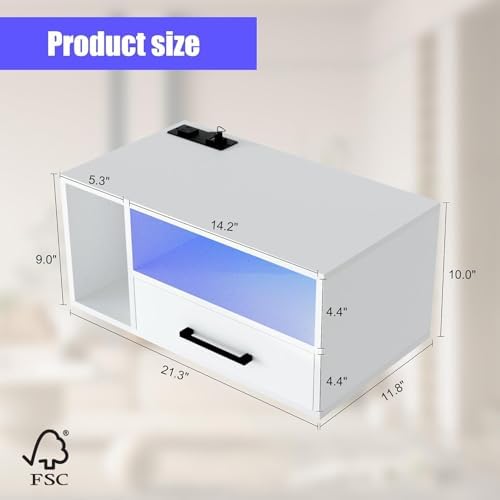 Homaterial Floating Nightstand with Charging Station & Lights, White