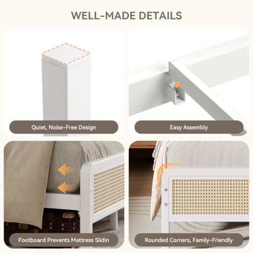 IMMERSTABLE Rattan Twin Bed Frame with Headboard, Boho Twin Metal Platform Bed Frame with Steel Slats, Under Bed Storage, Rounded Corners, No Box Spring Needed, Quiet Design, Easy Assembly, White