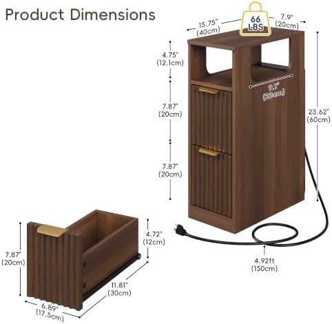 JUSTOGO Narrow Nightstand with Charging Station, Fluted End Table, 1 Pack