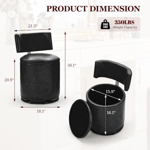 Swivel Vanity Chair with Storage, Faux Leather Makeup Stool with Higher Back for Living Room, Bedroom, Dressing, Black