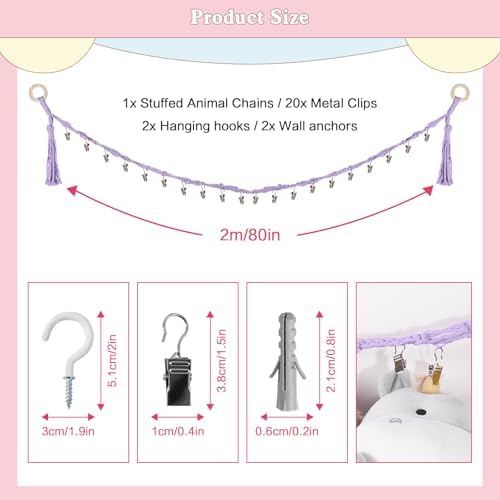 CERETIA 80" Stuffed Animal Organizer Chain, Wall Corner Storage, Purple
