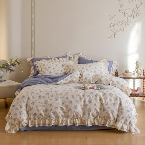 Blue Floral Duvet Cover Twin Size Cotton Lace Trim Comforter Cover Twin Size Ruffle Boho Pattern Zipper Duvet Cover Set with 2 Pillow Cases Princess Girls Bedding Set Farmhouse Duvet Protector