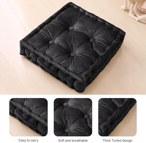 Square Floor Pillows, Large Floor Cushion for Adults Kids, Meditation Floor Pillow Seating Cushion with Shredded Memory Foam and Silk Wadding, 20"x20"x5" Black