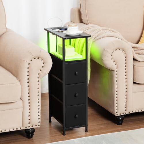 LOAKEKEL Narrow End Table with Charging Station, Small Nightstand
