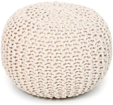 · REDEARTH · Round Pouf Ottoman - Hand Knitted Boho Poof Footrest - Ivory
