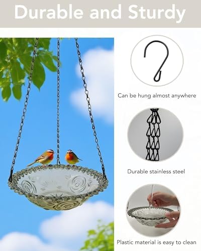 2 Pack Hanging Bird Baths and Feeders for Outdoors, Plastic Bird Bath Bowl & Hanging Feeder for Garden Yard Decor,Mist Grey
