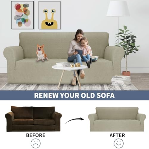 JIVINER Stretch Sofa Covers 1 Piece Couch Covers for 3 Cushion Couch Sofa, 3 Seater Sofa Slipcovers Furniture Protector with Elastic Bottom for Kids, Pets (Khaki, Sofa)