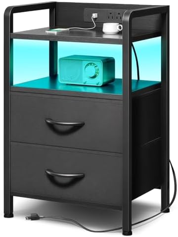 Lazzanto Nightstand with Rear Charging Station, LED Light, 2 Drawers, Black