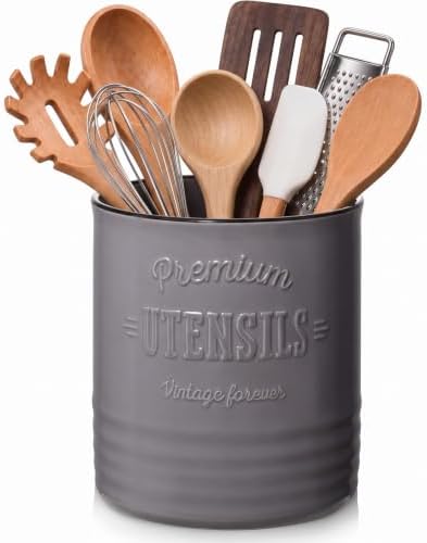 DOWAN 7.2" Large Ceramic Utensil Holder for Kitchen Counter, Grey
