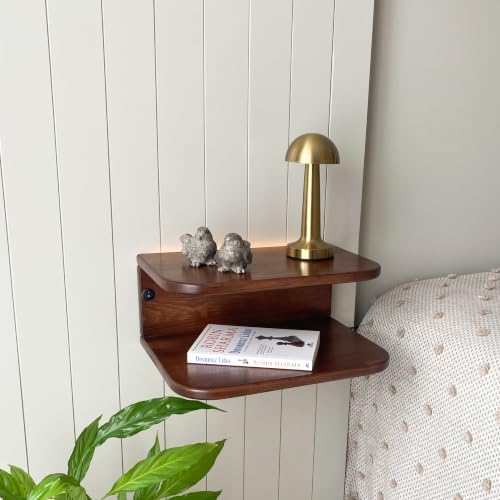 Floating Nightstand Wooden, Solid Alder Wood Bedside Table, Wall Mounted Shelf with LED Option, Slim Side Table with Open Storage, Varnish Finish (Mahogany, Without LED, 11.0, Inches)