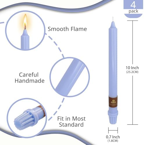 NJAO HOO Blue Candlesticks 10 Inch Handmade Dripless Taper Candles Unscented Colored Candle Set for Home Decor Spring, Pack of 4 - Up to 9-11 Hours Burn