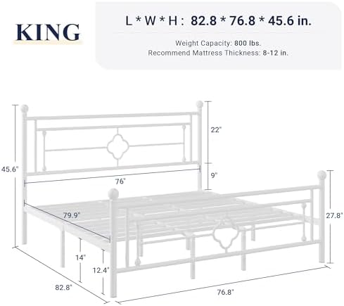 Allewie King Size Metal Platform Bed Frame, Victorian Headboard, White