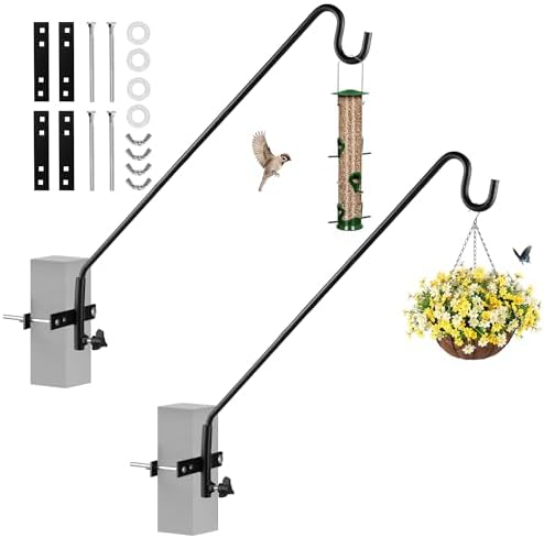 2 Packs Extended Fence Deck Heavy Duty Bird Feeder Hook, 360 Degree Rotary and Length Adjustable Plant Bracket for Bird Feeders Planters Suet Baskets Lanterns Wind Chimes and More