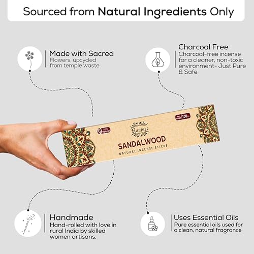 Raajsee Sandalwood Incense Sticks (180 gm), 100% Pure Organic Natural Hand Rolled Free from Chemicals - Sandalwood Incense Perfect for Aromatherapy, Cleansing, Meditation, and Church (Pack of 12)