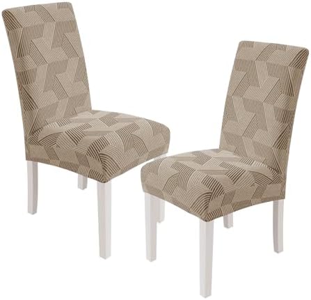 JIVINER Stretch Dining Chair Slipcovers Set of 2, Geometrical Jacquard Dining Chair Covers, Washable Kitchen Chair Covers for Dining Room, Hotel, Party, Khaki