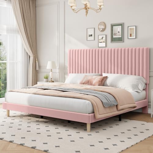 GAOMON King Bed Frame with Adjustable Headboard, Velvet Upholstered Platform King Size Bed Frame, Vertical Channel Tufted, Strong Wooden Slats, No Box Spring Needed, Easy Assembly, Pink