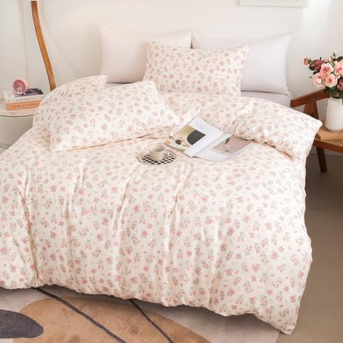 Floral Duvet Cover Set Queen Size, 3 Pieces Pink Flower and Green Leaf Pattern, Soft Microfiber Reversible Cottagecore Bedding Set with 2 Pillowcases, Comforter Insert Not Included, Cream