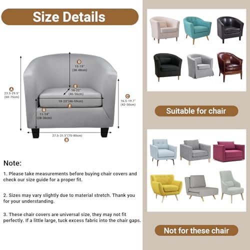 Barrel Chair Covers Slipcover, 2 Piece Tub Club Chair Armchair Slipcover with Chair Cushion Cover, Soft Stretch Stylish Furniture Protector Washable Washable for Living Room Office Hotel