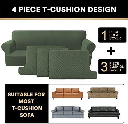 PrinceDeco T Cushion Sofa Slipcover 4 Pieces Sofa Covers for T Cushion Couch Soft Sofa Slip Covers Furniture Protector with 3 Individual T Shape Seat Covers(70"-88"), Bronze Green