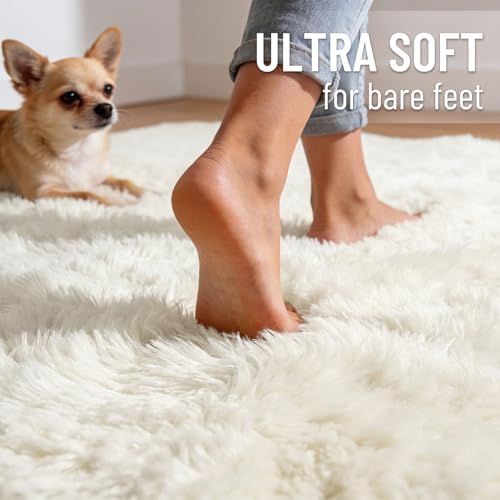 OLANLY 6x6 Area Rugs for Living Room Bedroom, Machine Washable Soft Fluffy Shaggy Bedside Rug, Indoor Floor Carpet for Kids Girls and Boys, Dorms, Nursery Rooms, Home Decor Aesthetic, Ivory