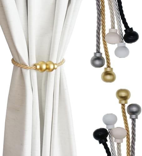 2 Pack Magnetic Curtain Tiebacks Modern Handmade Rope Curtain Tie Backs Decorative Drapes Weave Holdbacks for Home Outdoor Bedroom Office Decorative Curtain, Gold