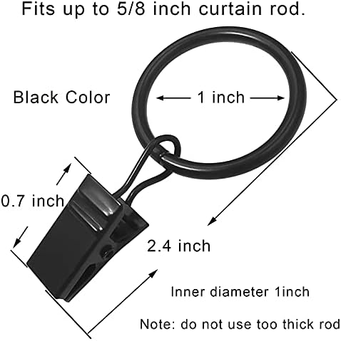 44 Pack Metal Curtain Rings with Clips, 1 in ID, Black