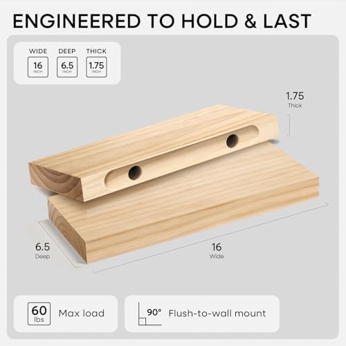 Homeforia 16 Inch Floating Shelves, High-End Solid Pine Wood, Set of 2