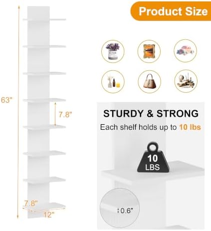 Qupui 8 Tier Wall Shelf Unit, 63 Inch Floating Storage, 12 Inch Wide, White