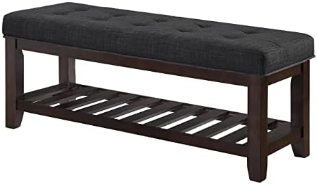 24KF Large Rectangular Upholstered Tufted Linen Ottoman Bench, Padded Bench with Solid Wood Shelf-Dark Gray