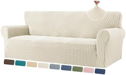 ZNSAYOTX 1 Piece Stretch Couch Cover (72"-90") New-Houndstooth Texture, Thick Sofa Covers for 3 Cushion Couch Universal Sofa Slip Cover with Elastic Bottom & Buckle, Washable Protector Beige