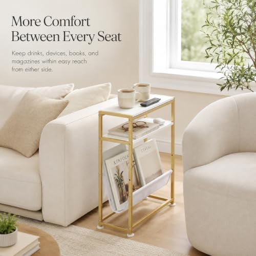 Narrow End Table for Small Spaces - Slim Side Table with Magazine Holder,2 in 1 Design Narrow Coffee Table Living Room,Skinny Bedroom Nightstand Thin Side Magazine Table (White+Gold)