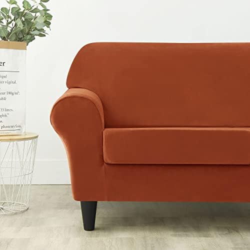 OBCREAT 3 Pieces Sofa Slipcover Stretch Velvet Sofa Covers for 2 Cushion Couch Loveseat Covers Soft Couch Cover with Elastic Bottom Non Slip Furniture Protector for Pets Kids (Burnt Orange, Medium)