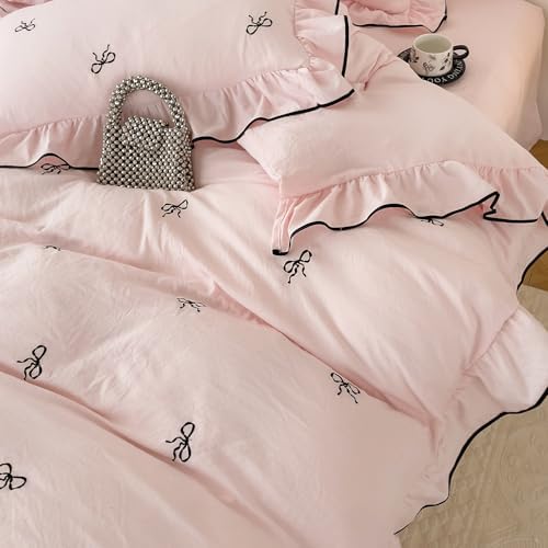 Chic Bow Duvet Cover Full Size 3 Pieces Vintage Pink Ruffled Bedding Set