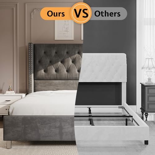 Jocisland King Bed Frame Velvet Tufted Upholstered 49.2" Headboard, Grey