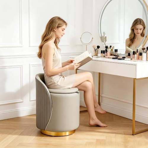 Vanity Chair with Storage, Leather Vanity Stool, 360° Swivel Makeup Chair with Back, No Assembly Upholstered Accent Chairs Stool for Bedroom, Dressing Room, Living Room, Grey