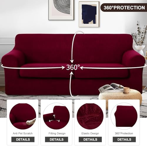 U-NICE HOME 3 Pieces Stretch Couch Cover Sofa Slipcover, Burgundy