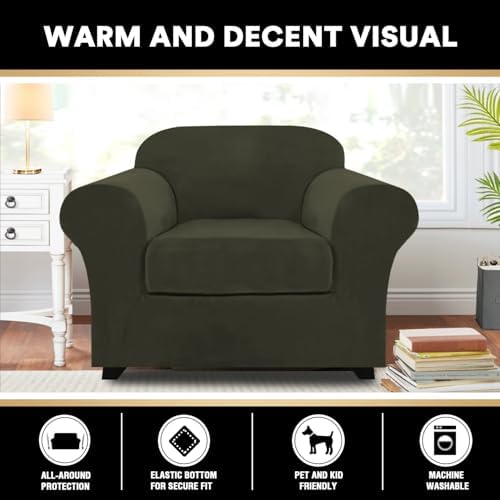 PrinceDeco Velvet Plush Couch Cover Stretch 2 Piece Chair Cover Chair Slipcover Washable Furniture Protector Couch Soft with Elastic Bottom Armchair Cover Width Up to 49 Inch(Small, Olive)