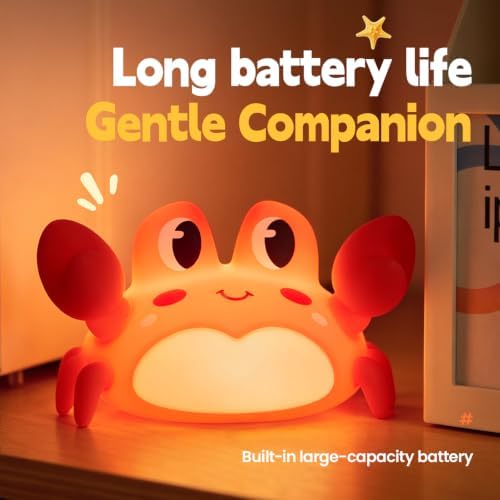 ATSUI Crab Night Light for Kids, Food Grade Silicone, Rechargeable, Tap Fun Kawaii Lamp for Kids Room, Adjustable Brightness, Cute Stuff for Boys Girls, Cute Gifts for Baby Children