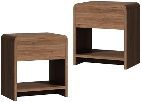 AMERLIFE Nightstands Set of 2 with Storage Drawer & Shelves, Walnut