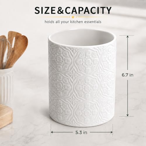 Solidith Cooking Utensil Holder For Countertop, Ceramic Utensil Crock,White