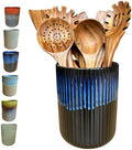 Large Stoneware Kitchen Utensil Holder for Kitchen Counter & Countertop Cooking Utensil Holder Spatula Holder Utensil Crock for Kitchen Counter Vertical Ribbed Fluted Stripe (Royal Blue)