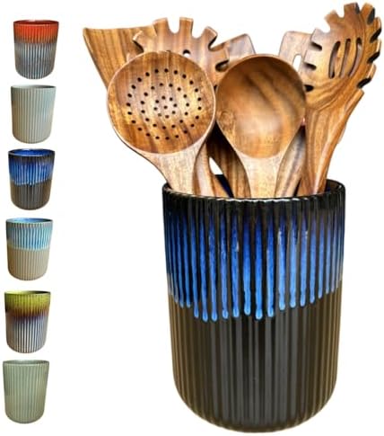 Large Stoneware Kitchen Utensil Holder for Kitchen Counter & Countertop Cooking Utensil Holder Spatula Holder Utensil Crock for Kitchen Counter Vertical Ribbed Fluted Stripe (Royal Blue)