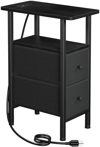 LOAKEKEL Narrow End Table with Charging Station, Small Nightstand