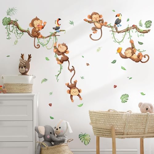 Monkey Climbing Wall Decals Jungle Leaf Animals Wall Stickers for Boys