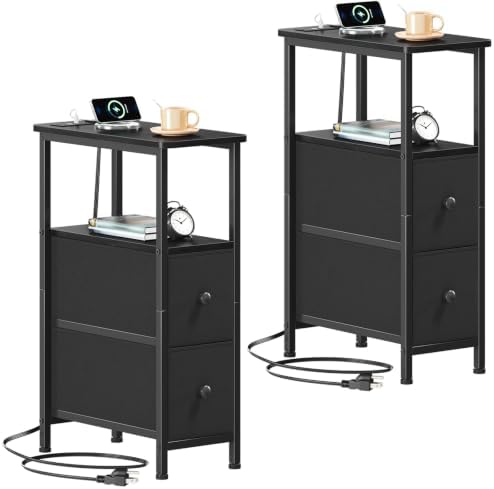 Somdot Narrow End Table Set of 2, Charging Station, Side Table, 2 Drawers