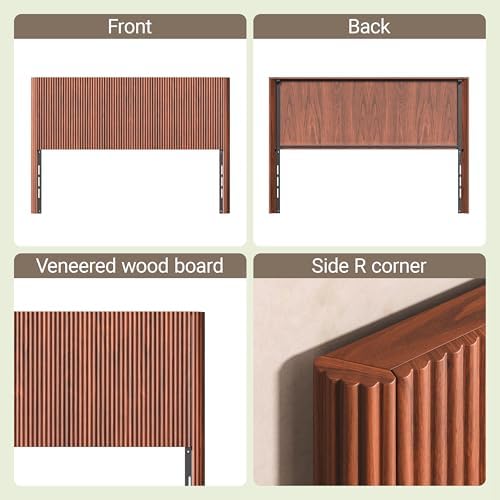 Boho Queen Size Fluted Headboard Only with Arched Corrugated, Walnut