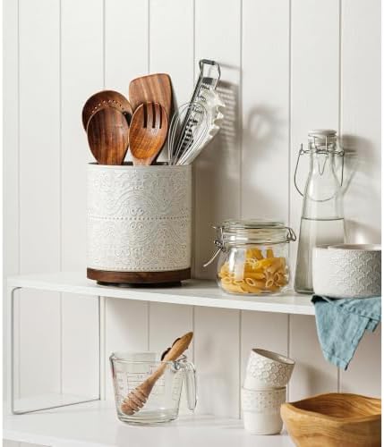 Kitchen Utensil Holder, 360° Rotating Extra Large Ceramic Utensil Holder with Embossed Pattern, 7.3” Cooking Utensil Crocks for Kitchen Countertop, Home Decor, Off-White, Lace Pattern
